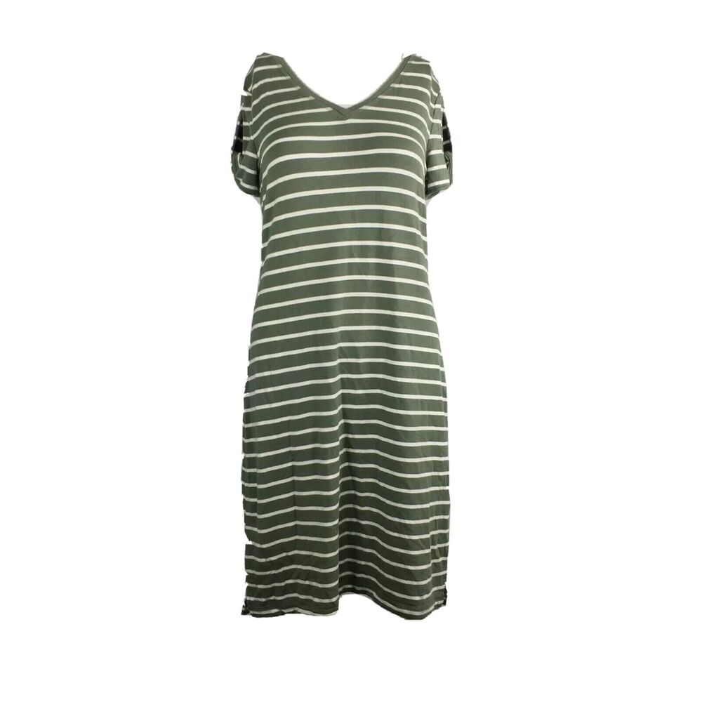 T‎ by Talbots Dress Womens Sz S Olive Green White Striped Stretch Knit T-shirt